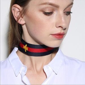 BRAND NEW Blue + Red Striped Choker with Bees